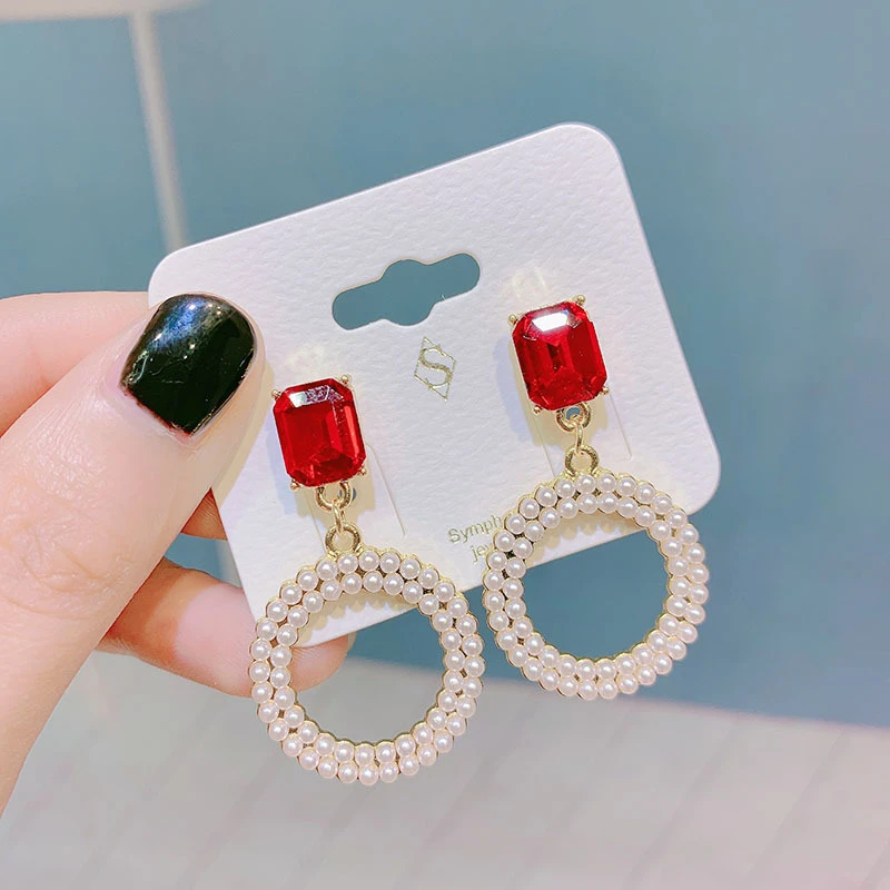 

Elegant Red Crystal Women Earring Fashion Simulated Pearl Round Circle Drop Earrings Female Brincos Party Gold Jewelry oorbellen