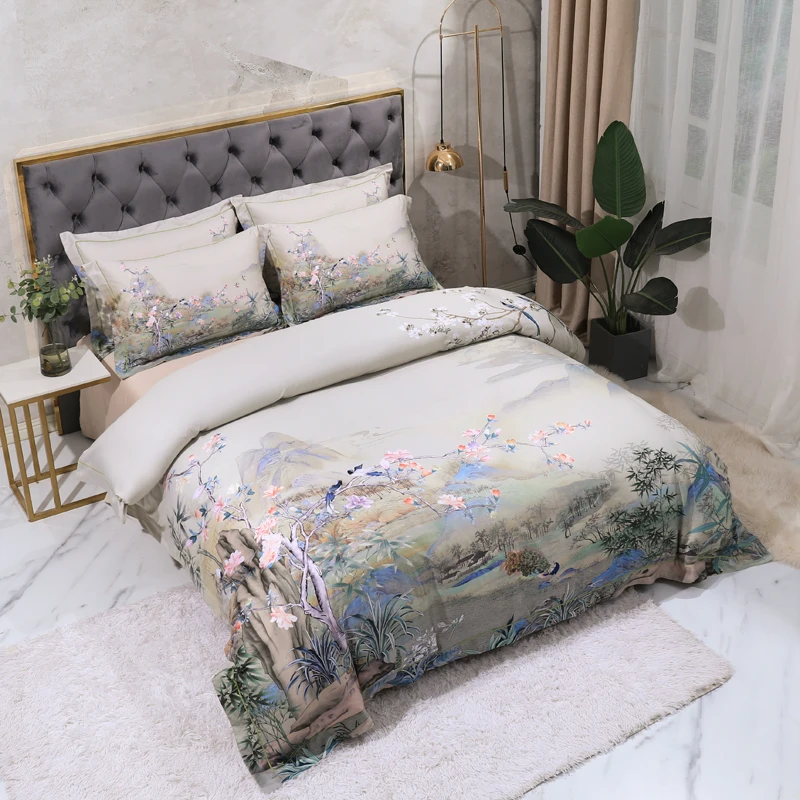 100% Egyptian Cotton US size Bedding Queen King size 4Pcs Birds and Flowers Leaf Gray Shabby Duvet Cover Bed sheet Pillow shams