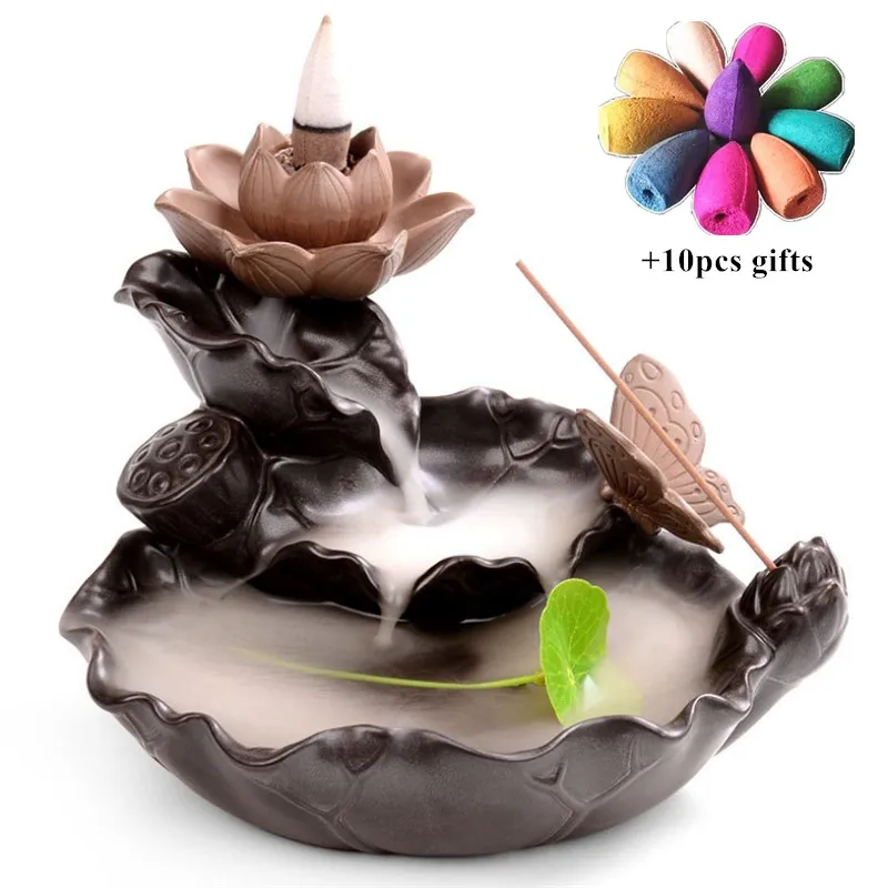 

Ceramic Lotus Backflow Incense Burner Incense Waterfall Censer Incense Stick Holder Home Teahouse Decor + 10pcs Free Cones