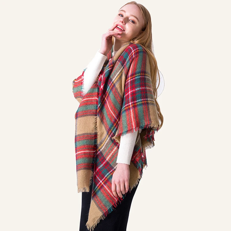 Зимний модный шарф из пашмины в клетку для женщин, теплый кашемировый шарф для шеи, женский красный 140*140 см квадратные шали и обертывания