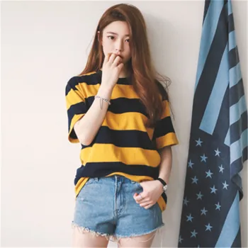 

Ladies Summer Yellow Striped O- Neck T-shirts Ladies Loose Short Sleeve Tee Baggy Young girl Casual Tops Tunic TShirts Plus Size