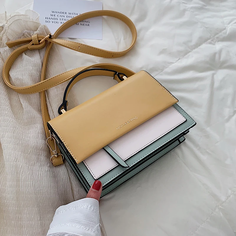 Contrast color Square Tote bag 2021 Fashion New High quality PU Leather Womens Designer Handbag Travel Shoulder Messenger Bag