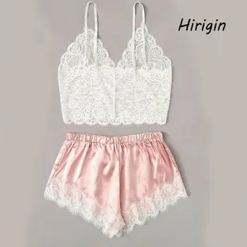 

2PCS Women Sexy See-through Lace Silk Crop Top Deep V Neck Sling Bra High waist Satin Briefs Sleepwear Lingerie Set Exotic Sets