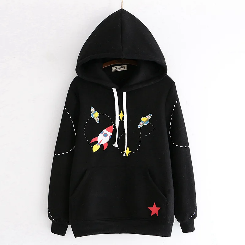 Черный MERRY PRETTY женский мультфильм Вселенная печати Harajuku толстовки с капюшоном Kawaii толстовки зима плюс бархат пуловер с длинным рукавом - Цвет: Черный