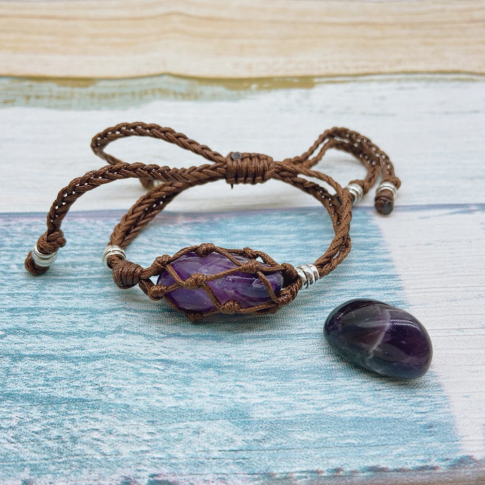 

Сетчатый мешок из натурального аметистового камня, регулируемый браслет из шнура, держатель из драгоценных камней, браслет с отверстиями