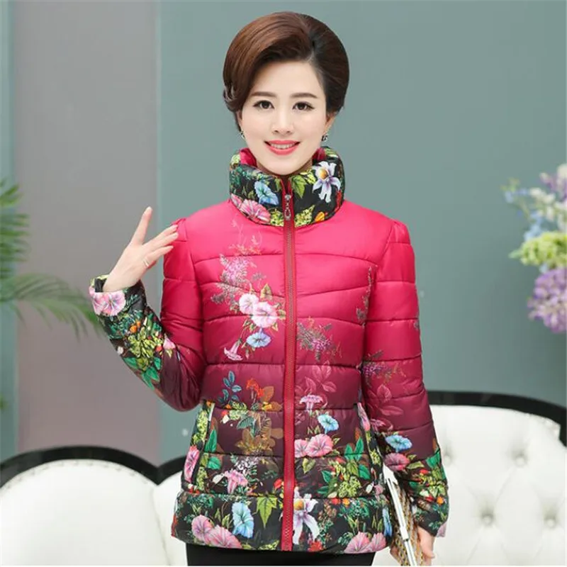 Зимние куртки для женщин XL-5XL размера плюс одежда для мамы цветочная куртка зимняя женская толстая теплая куртка пальто - Цвет: Красный