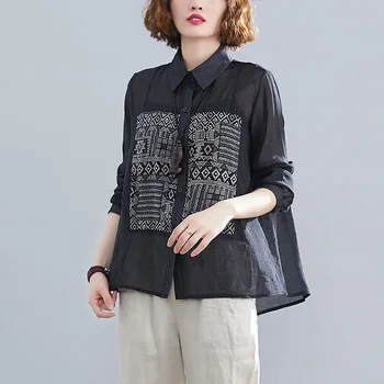

COIGARSAM Vintage Print Patchwork Shirt Womens tops New Spring Women shirts Black 3268
