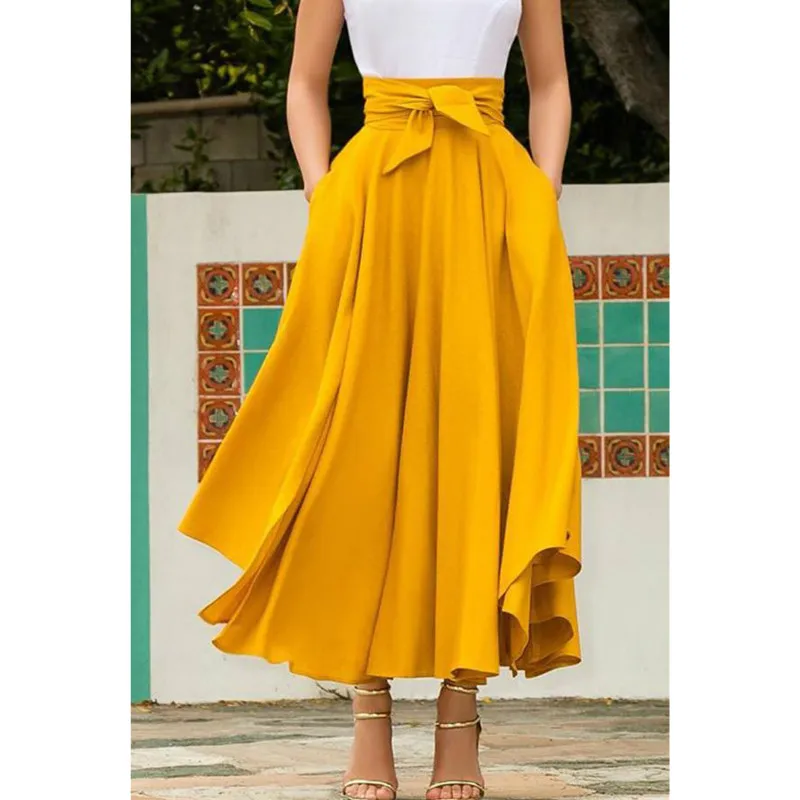 Летние женские юбки длиной до щиколотки, однотонные юбки с высокой талией и поясом