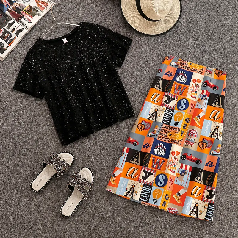 

Fashion Women's 2019 Summer Bling Bling T-shirt + Colorful Slim Skirts 2 pcs Sets Female Suits A1738