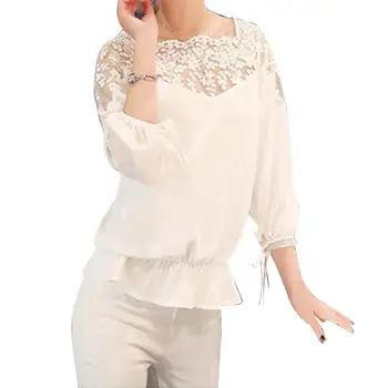 

Sexy Women Solid Color See-through Floral Lace 3/4 Sleeve Loose Blouse 2020 New Fashtion Plus size Womens wear