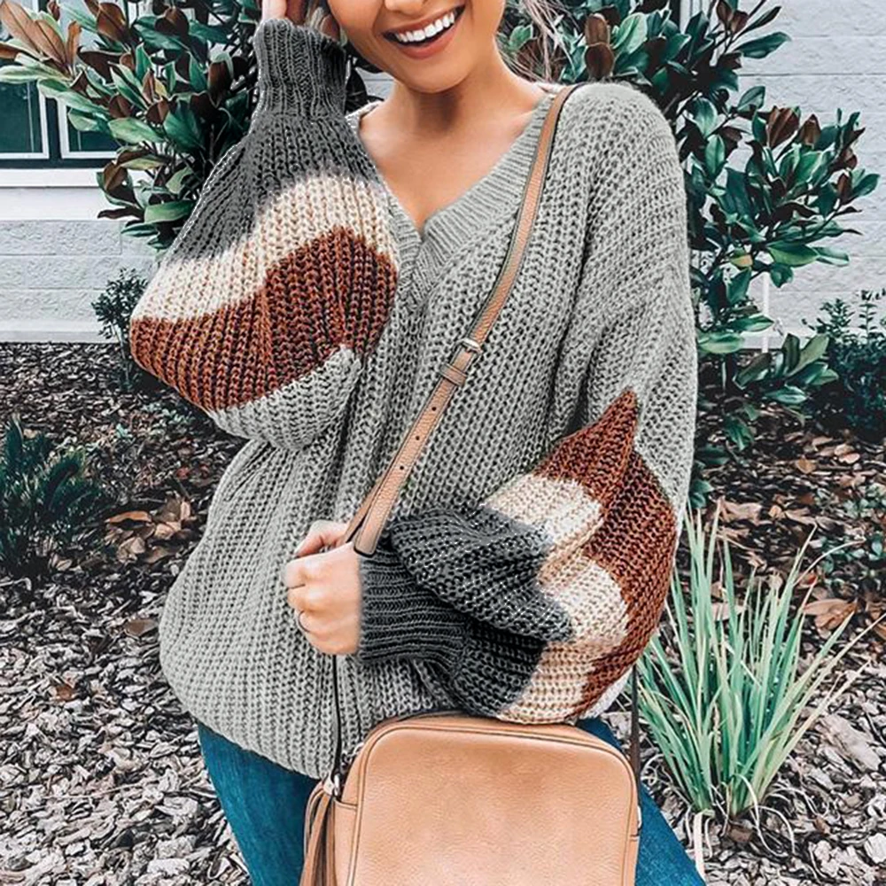 V Neck Plus Jumper Women's Sweater 2019 Winter Patchwork Loose Lantern Sleeve Streetwear Stripe Women's Jumper Female Pullover