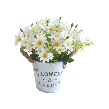 

Simulation Daisy Bonsai Retro Potted Plants Decor Fake Potted Plants with Flowerpot Lifelike Daisy Hemp Rope Iron Bucket Decor