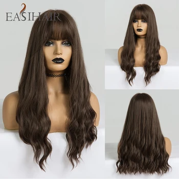 

EASIHAIR Long Brown Wigs with Bangs Synthetic Wigs For Black Women Glueless Wavy Cosplay Wigs High Temperature Natural Hair Wig