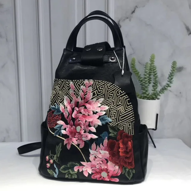 Bags Women Retro Chinese Style Embroidery Luxury women's Backpack PU Leather Personality All-match Casual Female Bag black