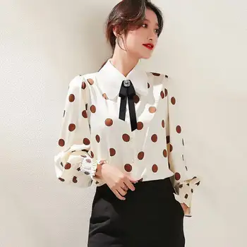 

2020 spring new Korean women's temperament wave point commute lapel OL shirt bubble sleeve satin shirt women
