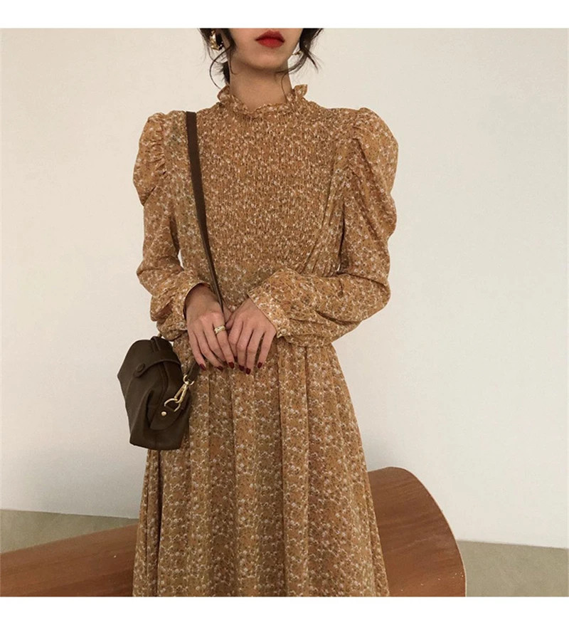 Manga a Line Bgteever Vintage Gola Ruched Vestido Feminino Floral Impressão Cintura Elástica Primavera Vestidos Femme 202 5 High Quality Moda Feminina