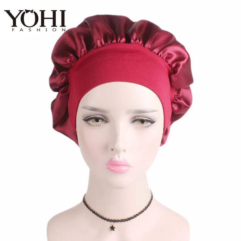YOHITOP New fashion Luxury Wide Band women chemo cap Beauty Salon Cap Night Sleep Cap Head Cover Satin Bonnet Hat Free shipping