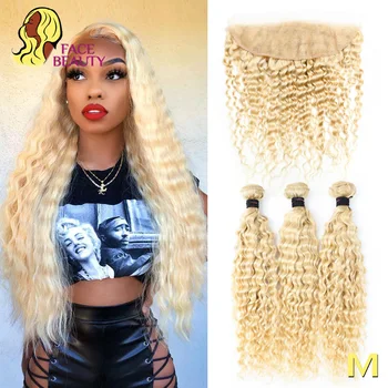 

Facebeauty Blonde 613 Remy Human Hair Brazilian Deep Wave 3/4 Bundles with Lace Frontal Closure 13*4 Free Middle Part Hair