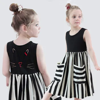 

2020 Summer Embroidered Girls Dress Cute Kids Beach Dresses Baby Girls Stripe Patchwork Dresses Children Casual Dresses, #8624