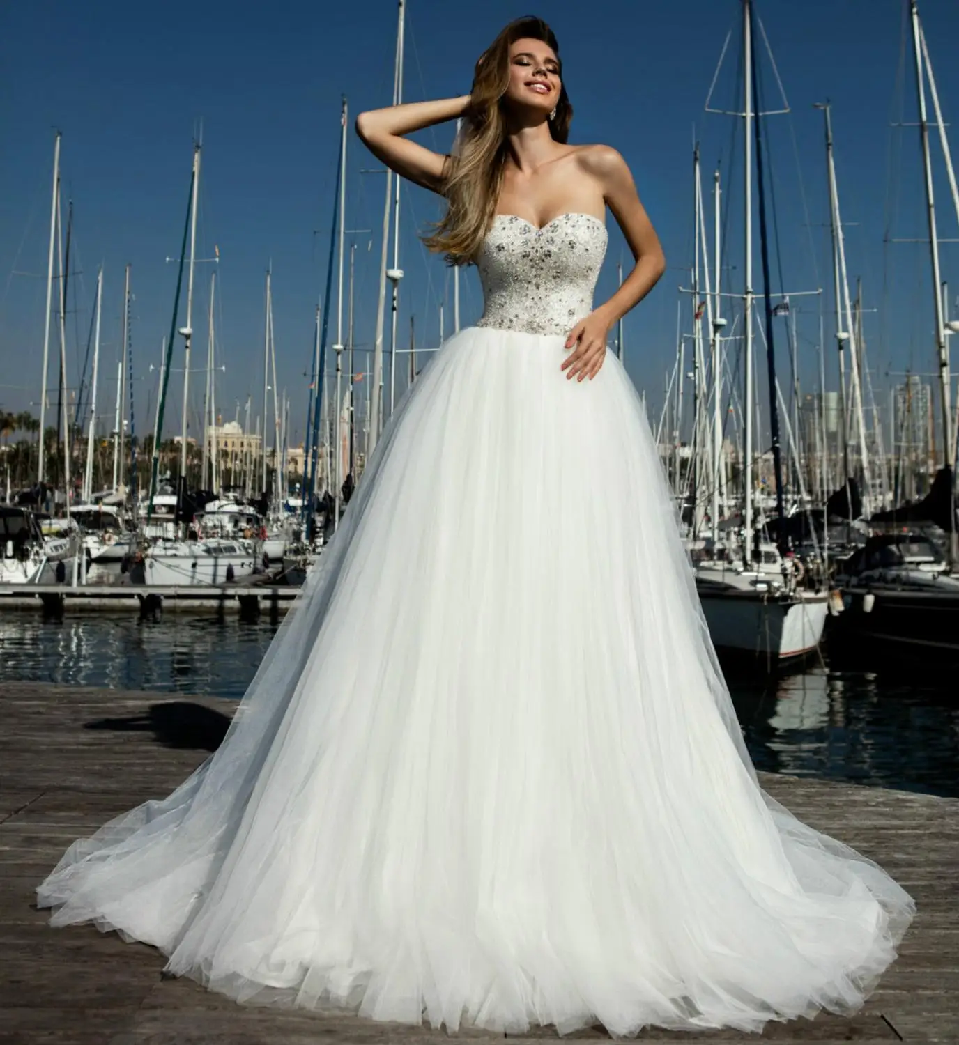 

Vestido de npoiva White Wedding Dress 2020 Sweetheart Sleeveless Lace Yo Back A-Line Beaded Tulle Bride Gowns casamento Robe