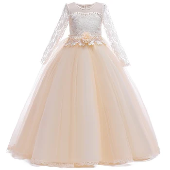 

2019 new long children's dress long-sleeved lace embroidered princess dress girl wedding dress dress banquet show dress