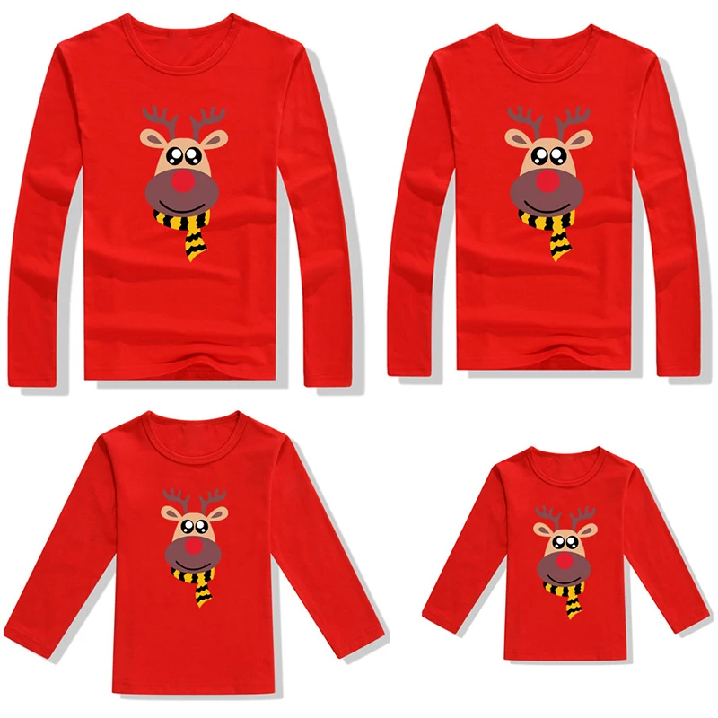 Christmas Family Matching Clothes Look deer Long sleeve cotton Dad Mom Boy Girl Fall T-shirt | Мать и ребенок