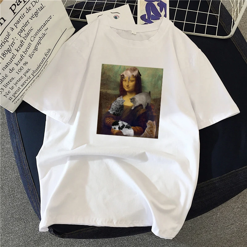 Graphic tees tops Mona Lisa prank tshirts women funny t shirt white Tops casual short Camisetas Mujer_T-Shirt