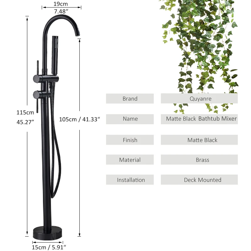 Bathtub Faucet Quyanre Black Bathtub Floor Stand Faucet Mixer Single Handle Mixer Tap 360 Rotation Spout ABS Handshower Bath Shower