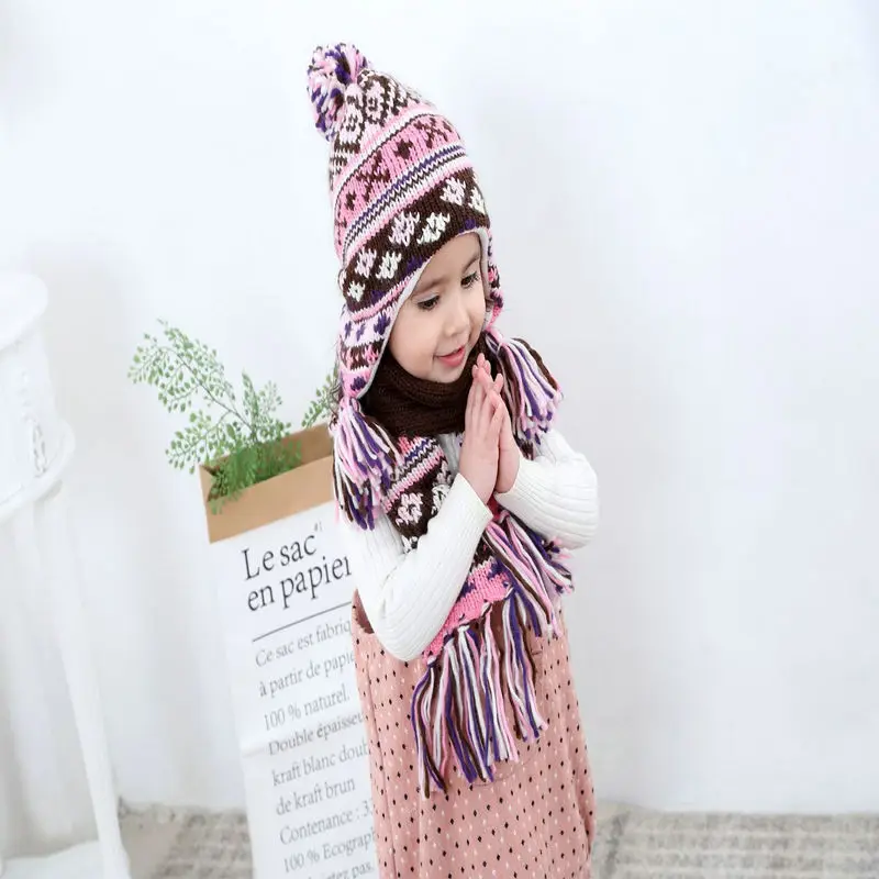Iceland yarn rhombus jacquard children's hat children's scarf two-piece children's autumn and winter hat