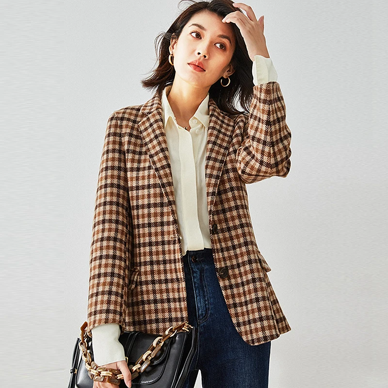 

Blazers Women 100% Wool Plaid Classic Design Patch Pockets Single-breasted Ladies Coat Vintage Design Mujer New Fashion