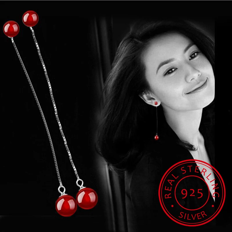 

925 Sterling Silver Earrings Black And Red Balls Long Tassel Chain Ear Line Stud Earrings brincos For Women S-E58