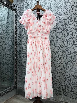 

2020 Summer Fashion Long Dress Sweet Party Ladies V-Neck Pink Floral Print Vintage Button Deco Casual Long Pleated Dress Club