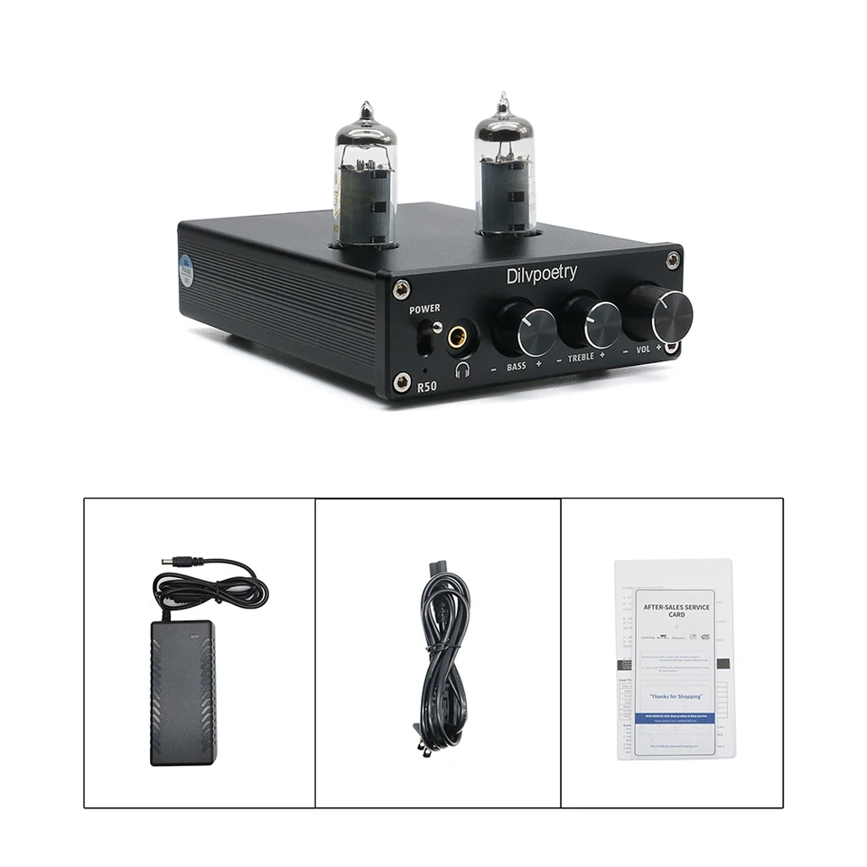 Dilvpoetry R50 Amplificatore valvolare Amplificatore per cuffie Bluetooth 4.2 50W × 50W 6J4 Buffer Reciver Preamplificatore Controllo toni alti e bassi HiFi Stereo Audio AMP Argento 
