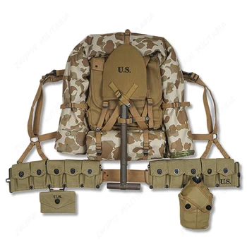 

WW2 US ARMY EQUIPMENT CONBINATION USMC UPPER BACKPACK WITH STRAPS T-TYPE SPADE WITH TEN CELL POUCH ONE TENT AND ONE RAIN CAPE