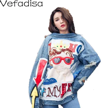 

Vefadisa Autumn Holes Denim Coat Print Loose Jacket Long Sleeve Single Breasted Jacket Denim Coat Casual 2019 QYF774