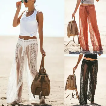 

2020 New Fashion Women's See Through Sheer Mesh Ruffle Swimsuits Summer Beach Cover up Pants