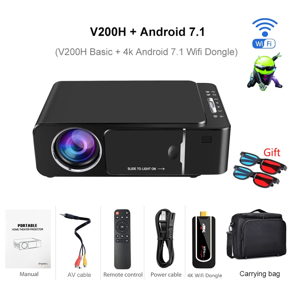 VIVICINE 1280x720p Портативный HD проектор, опция Android 7,1 HDMI USB 1080p домашний кинотеатр проектор wifi мини светодиодный проектор - Цвет: V200H Android bag