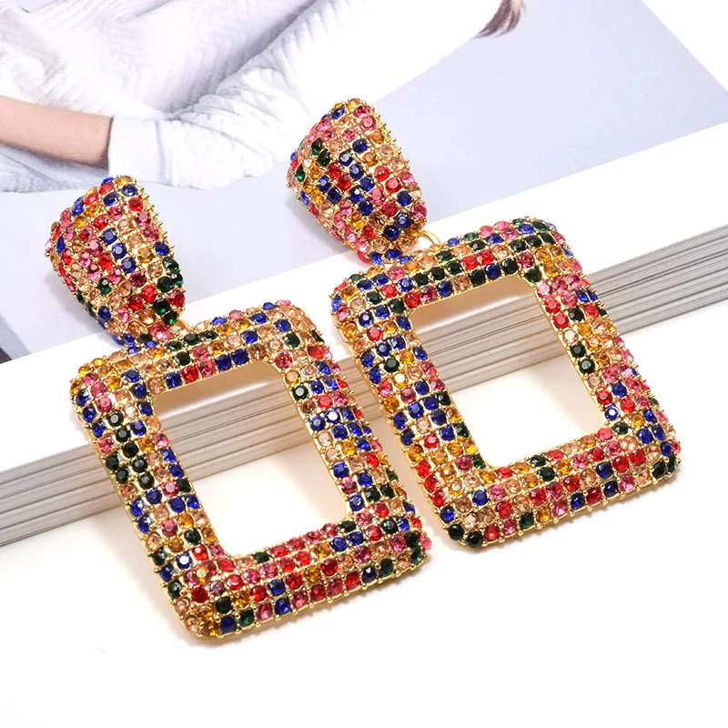 

Wholesale Hanging Geometric Metal Dangle Drop Earrings Studded With Full Colorful Crystals Fine Jewelry Accessories For Women