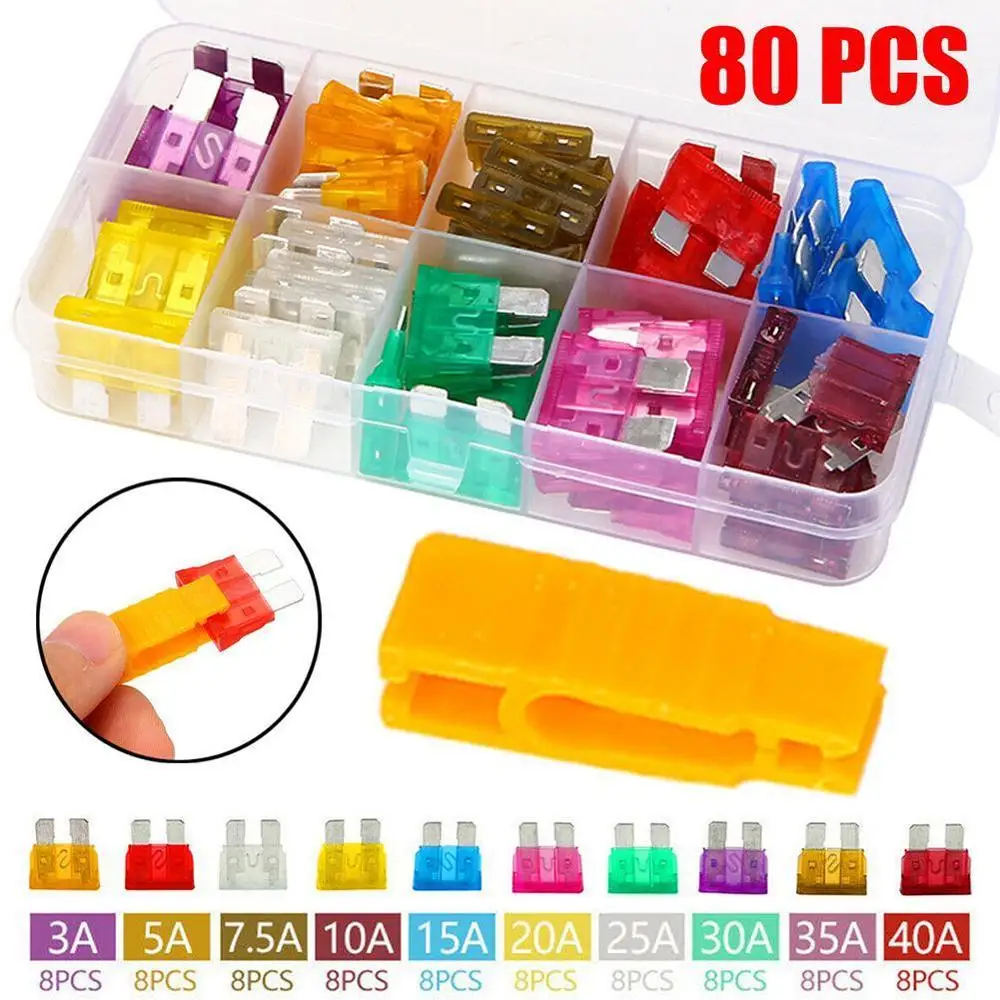 

80pcs 12V Standard Blade Car Fuses Assortment Car Blade Fuse Auto Boat Motorcycle Fuse 3A 5A 7.5A 10A 15A 20A 25A 30A 35A 40A