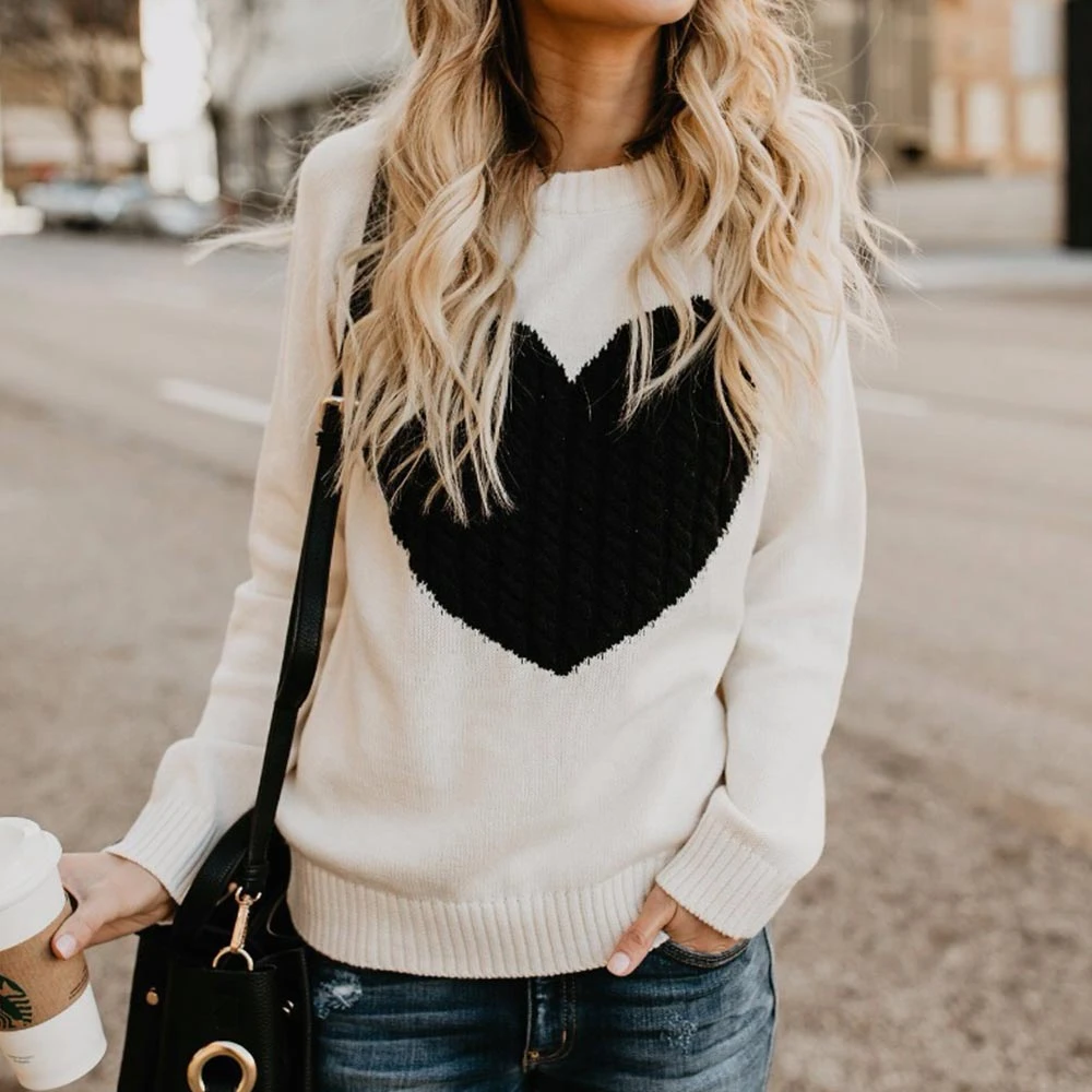 Casual Autumn Winter Pullover Long Sleeve O Neck Heart Knitted Women Sweaters Slim Pull Femme Jumpers 3XL Size Loose Sweater