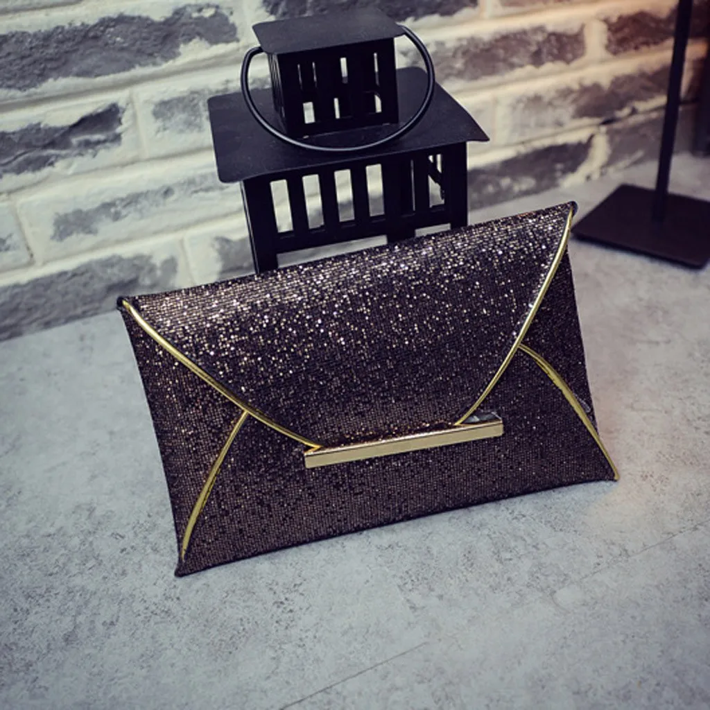  Women Evening Bag Pouch Sequins Envelope Black Handbag Sparkling Party Bag Solid Wedding Day Clutch - 4000179666759