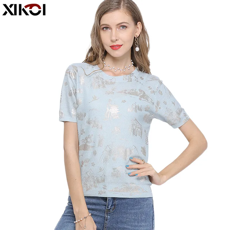 

XIKOI Summer Plus Sweater t shirt Harajuku Women Knitted Floral Jacquard Camiseta Vinatge Tee tShirt Female Casual Short Sleeve