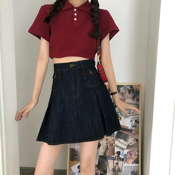 

Denim Skirt Women Summer Korean Version 2020 New A-line Skirt Versatile High Waist Show Thin Skirt Pleated Skirt Students