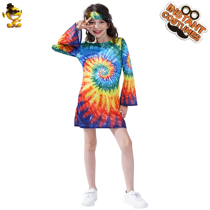 New Style Girl's Rainbow Hippie Dress Costumes for Carnival & Halloween - Kids Flower Hippies Clothes Dress image 2