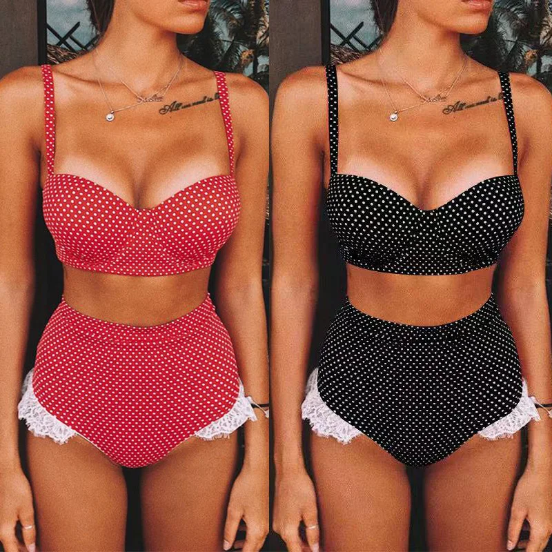 

Pin Up Bikini High Waist Swimsuit Women 2020 Summer Retro Polka Dot Push Up Bikini Set Lace Bandeau Swim Swimwear Bathing Suit