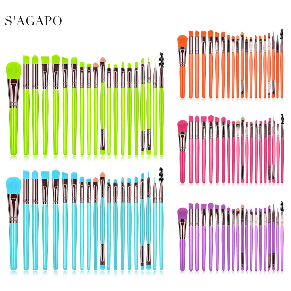 

S'AGAPO 20Pcs fluorescent Makeup Brushes Tool Set Cosmetic Powder Eye Shadow Foundation Blush Blending Lip Beauty Make Up Brush