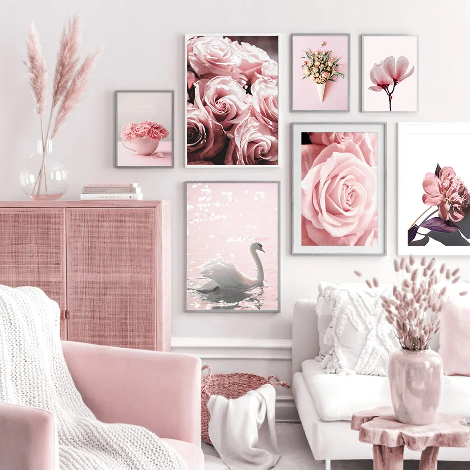 Pink Rose Magnolia Carnation Plant Swan Wall Art Canvas Painting Nordic Posters And Prints Wall Pictures For Living Room Decor