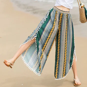 

Pants Female Spring 2020 Summer High Waist Pants Loose Lace Wide Leg Pants Chiffon Bohemia Beach Printed Korean Pants 168H