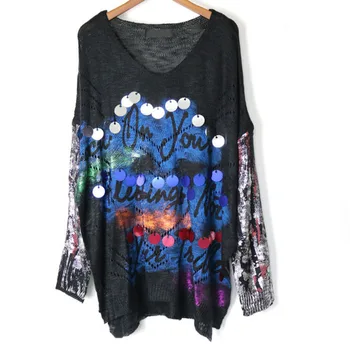 

Korea Thin Hollow Out Letter Sequin Sweater Women Clothes 2019 Fashion Vintage Loose Irregular V Neck Full Sleeve New Y067