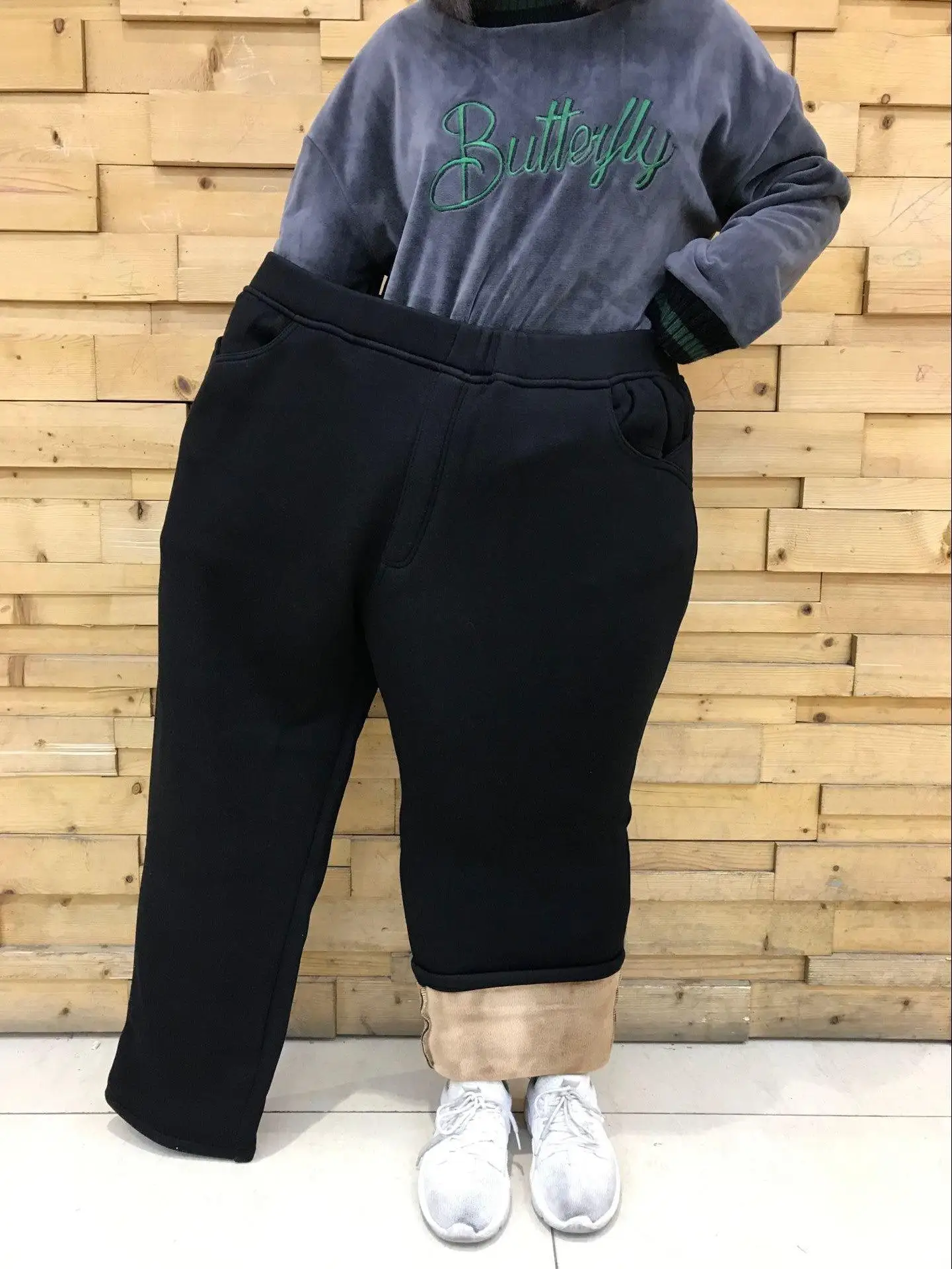 Женские осенне-зимние длинные брюки размера плюс 10XL 9XL 8XL, женские черные брюки с высокой талией, женские бархатные теплые штаны - Цвет: black